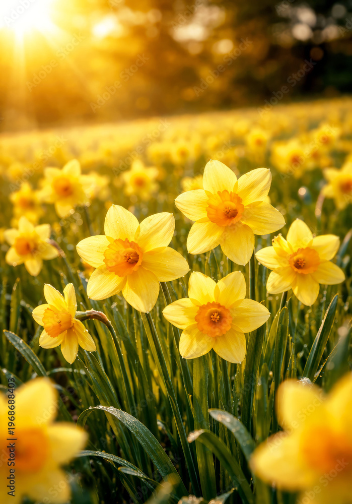 Fototapeta premium Golden yellow daffodils in bloom at sunrise on a sunny field. Spring flowers.