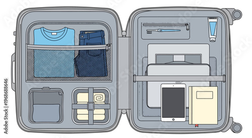 Packing Essentials: An Open Suitcase: The image portrays an open suitcase, meticulously organized with a selection of travel essentials. Clothes, gadgets.