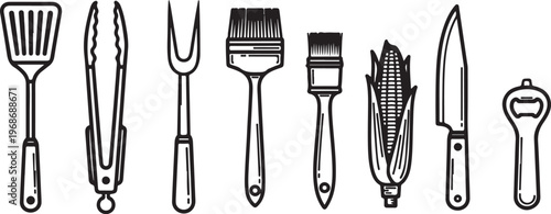 A collection of vintage kitchen knives and tools on a white background Vector