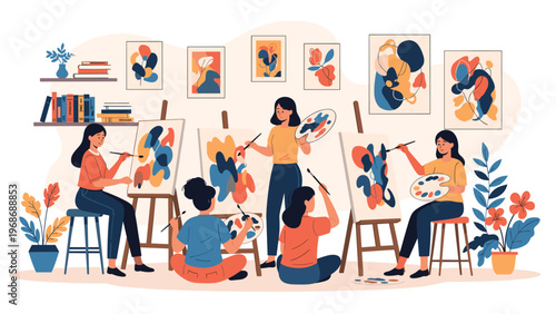 Diverse group of women painters works on abstract colorful canvases in a bright art studio during a creative painting class or workshop.