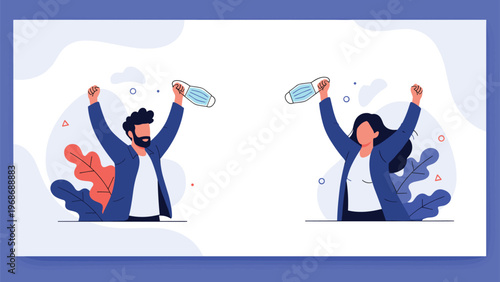 Man and woman raise their arms in excitement as they throw away their surgical face masks to celebrate the end of a pandemic.