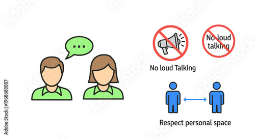 Communicating & Social Distancing: a illustration depicting different aspect of communication & personal space. This image conveys the importance of maintaining distance and respectful communication