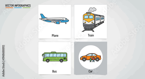 Transportation Illustration Collection: A vibrant infographic showcasing various modes of transportation, ideal for educational or promotional purposes.