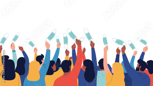 Diverse group of people holds up surgical face masks in celebration of health and safety against a clean white background during a pandemic.