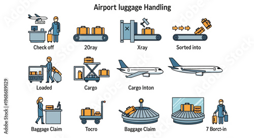 Airport Luggage Handling: An illustrated infographic outlining the comprehensive procedures of airport luggage handling.