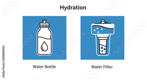 Hydration Illustration: A simple yet informative illustration showing a water bottle and a water filter, visually representing the concepts of hydration and water purification. 