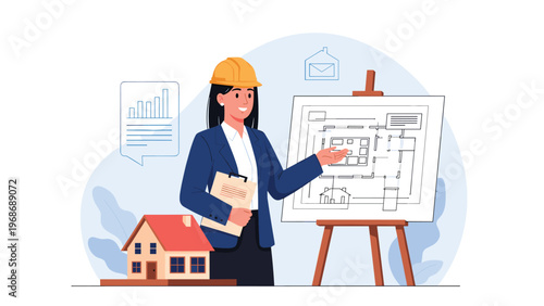 Professional female architect in a hard hat points to a detailed house blueprint on an easel beside a small architectural home model.