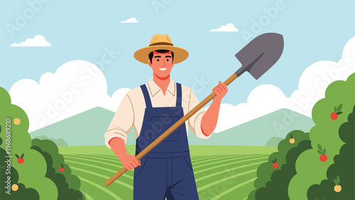Male farmer in overalls and a sun hat holds a large shovel while standing in a green orchard field with trees and mountains.