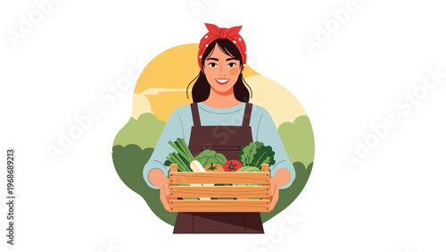 Smiling female farmer wearing a red headband and apron holds a wooden crate full of fresh vegetables against a lush green background.