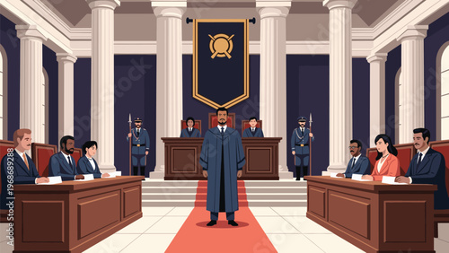 Formal courtroom setting features a judge standing at the center with legal professionals and a jury seated on both sides of the hall.
