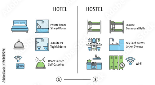 Hotel vs Hostel: A simple graphic illustrating the key differences between a hotel and a hostel, presenting icons that represent room types, amenities, and price.