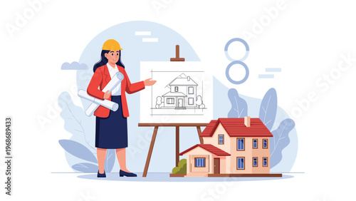 Professional female architect in a red jacket and hard hat stands before an easel showing a house blueprint and model.