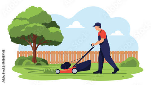 Male gardener in blue overalls and a red shirt operates a lawn mower to trim the green grass in a suburban backyard.