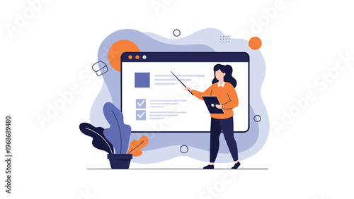 Female instructor points at a digital screen showing educational content during an online webinar or remote learning session.