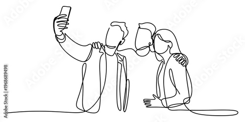 A minimalist continuous line drawing depicting a group of friends taking a casual group selfie. Vector, illustration