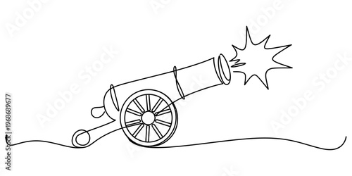 A single continuous line drawing of a military cannon firing with a burst effect on white ground Vector, illustration