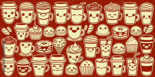 Collection of cute smiling coffee cups desserts and sweet treats