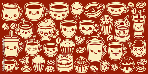 Cute cartoon illustrations of various beverages and coffee related items