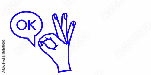 Simple blue line drawing of an ok symbol and speech bubble