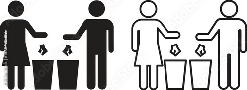 A simple illustration of people throwing away trash in recycling bins