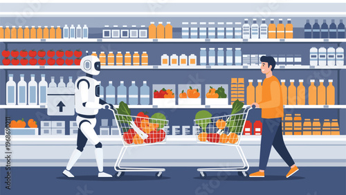 Futuristic robot and young man shop together in a grocery store aisle filled with various food products and drinks on shelves.