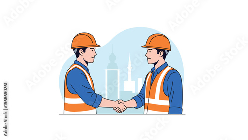 Professional construction workers in safety vests and hard hats shake hands at a building site with city skyline in the background.