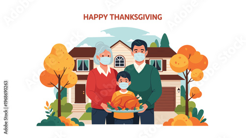 Happy family wearing protective face masks celebrates Thanksgiving at home with a large roasted turkey during the global pandemic.