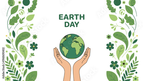 Human hands hold a globe of the earth framed by beautiful green floral borders to celebrate Earth Day and environmental awareness.