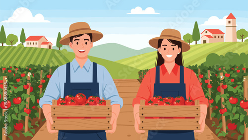 Male and female farmers stand in a tomato field holding crates of fresh red produce during the harvest season on a sunny day.