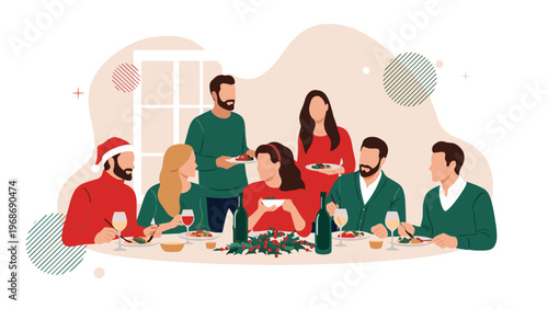 Friends and family gather around a festive dinner table to celebrate Christmas together wearing red and green holiday sweaters.