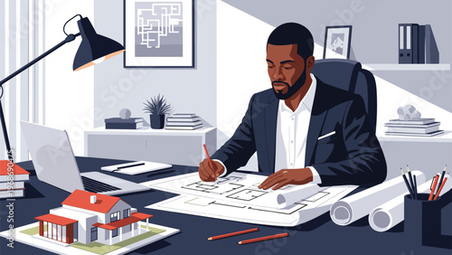 Professional architect in a suit works on detailed building blueprints at his desk with a model house and laptop in his office.