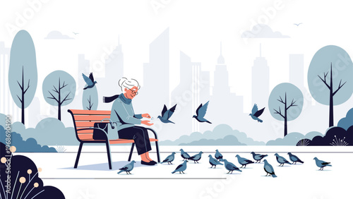 Peaceful elderly woman sits on a wooden park bench and feeds a flock of pigeons with the city skyline visible in the background.