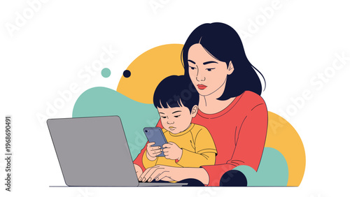 Young mother works on a laptop while her toddler son sits on her lap and plays with a smartphone in a colorful abstract setting.
