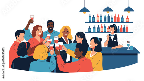 Diverse group of friends enjoys a celebration and makes a toast with drinks at a bar while a bartender works in the background area.