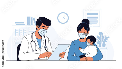 Male pediatrician wearing a mask writes on a clipboard while consulting with a mother and her small child in a medical office.