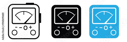 Multimeter icons in black and white and blue on white background for electronics and measurement concepts