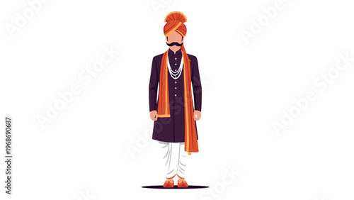 Indian man stands proudly while wearing traditional sherwani attire with an orange turban and white dhotis against a plain background.