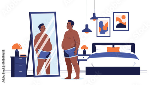 Man struggling with weight loss stands in his bedroom looking at his reflection in a full-length mirror while wearing blue shorts.