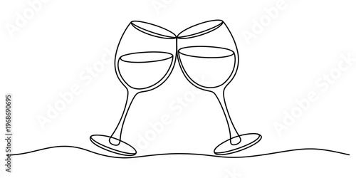 Minimalist single line drawing illustration of two wine glasses clinking together in celebration Vector, illustration