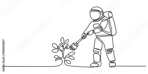 A single continuous line drawing of an astronaut tending to a small plant on an alien planet surface Vector, illustration