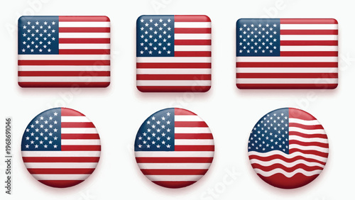 American flag icons, USA flag buttons, patriotic symbols, vector set
