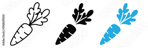 Three colorful carrot icons in black, White and blue on white background for food, Vegetable and healthy eating concepts