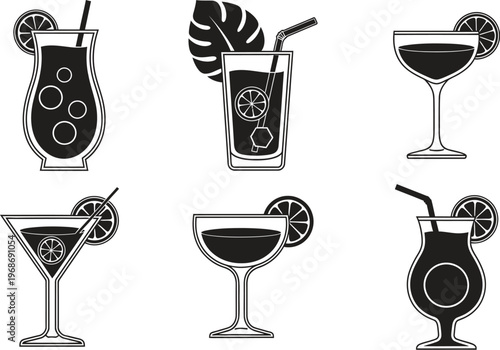 A set of six black and white illustrations of various cocktail glasses with straws and garnishes