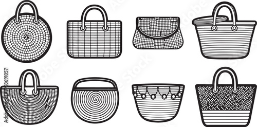 Assorted woven and textured handbags in a simple line drawing style Vector