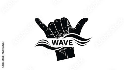 Minimalist black and white shaka hand sign illustration combined with stylized ocean waves and the word wave centered on a plain background.