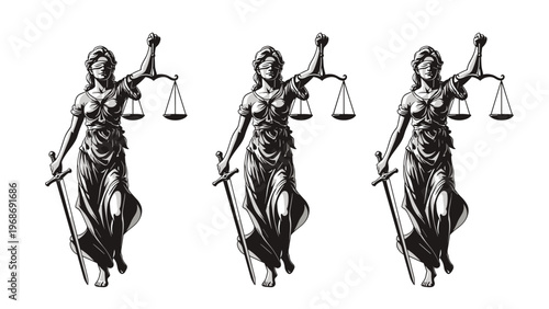 Three identical high contrast black and white illustrations of lady justice blindfolded holding a balanced scale and a sword representing law.