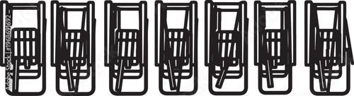 Black and white illustration of seven ornate wooden chairs in a row Vector