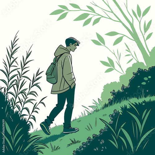 A young man walks along a path surrounded by lush green foliage seemingly lost in thought during his outdoor journey