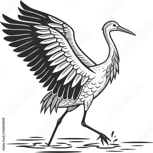 A vintage style illustration depicts a majestic grey heron wading through shallow water with wings partially outstretched high quality professional