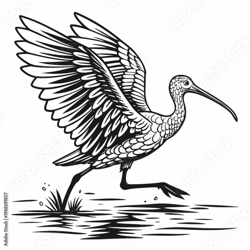 A vintage style illustration depicts a long legged wading bird likely an ibis in mid stride near water high quality